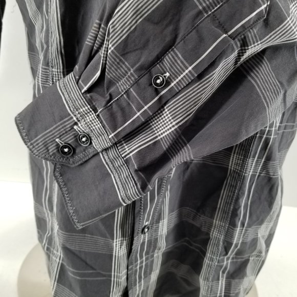Bugatchi Shaped Fit Men's Flip Cuff Charcoal Plaid Long Sleeve Shirt Sz M - Picture 8 of 10